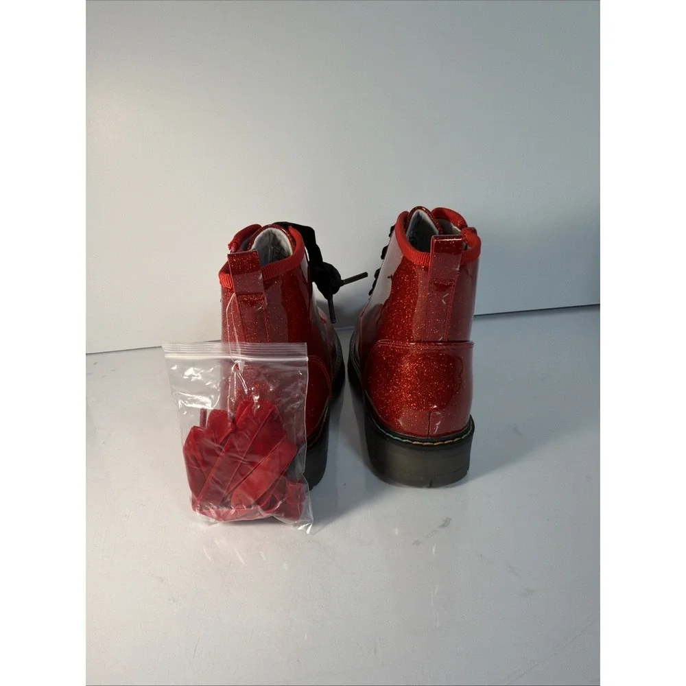 Dream Pairs Kids Girls Red  Glitter Ankle Boots Side Zipper PU Combat Boots